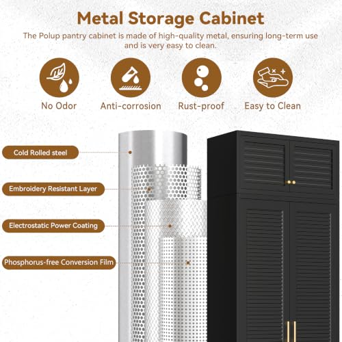 Image of Polup 90 inch Tall Metal Kitchen Pantry Storage Cabinet with Doors and Shelves | Black Heavy Duty Steel Cabinet,Golden Handle,5 Adjustable Shelves,Louvered Doors,Anti-tipping,2 packages,garage,Dining room