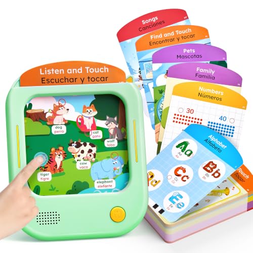Image of JoyCat Bilingual Kids Learning Tablet, 106 Pages Spanish & English Talking Cards with 20 Interactive Games, Montessori Toy for Alphabet, Words, Numbers, Colors & Songs, Learning Gifts for Toddler 2-6