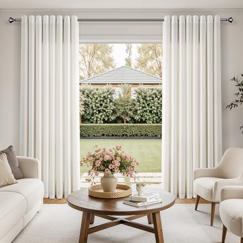 Image of Extra Wide 100 Inch Linen Grommet Curtains for Living Room Cream Sliding Glass Door Curtain Neutral Farmhouse Light Filtering Decor Semi Sheer Privacy Window Drapes 100x90 2 Panels Set Natural Ivory