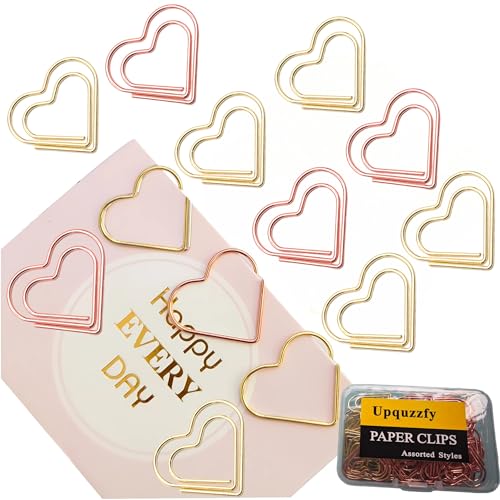 Upquzzfy Metal Heart Paper Clips Set-50 Pcs Gold Paperclips- Cute Decorative Office & School Supplies, Ideal for Wedding & Parties Decor (Heart)