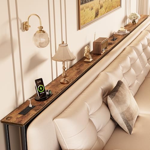 Image of Huuger 157.5 Inch Sofa Table with Power Outlets, Skinny Behind Couch Table | 5.9 Inch Narrow Entryway Table, Extra-Long Console Table, Behind the Couch Table with Outlet for Living Room, Rustic Brown