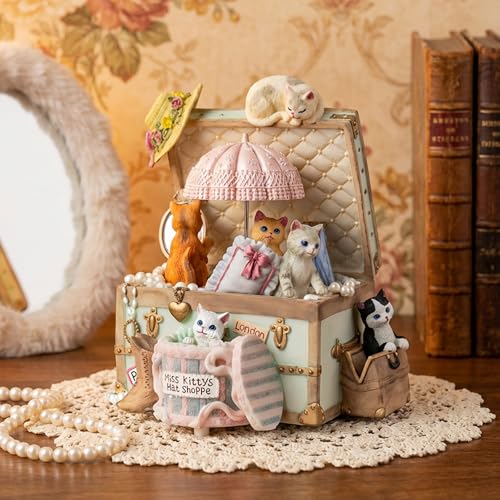 MS. WENNY Vintage Cat Music Box Figurine, Wind-Up Musical Trinket Box Plays “You Are My Sunshine”, Hand-Painted Resin Collectible, Romantic Home Décor Gift for Women