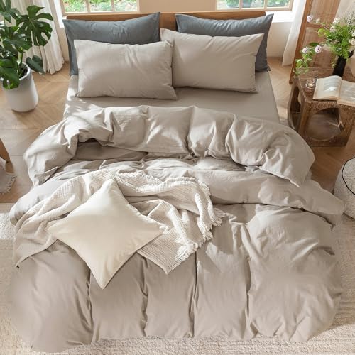 Image of MooMee Duvet Cover Set 100% Washed Cotton Linen Like Twin | Relaxed Linen-like Texture. Soft, Breathable & Long-lasting Comfort. Lightweight. Hidden Zipper with 8 Interior Corner Ties