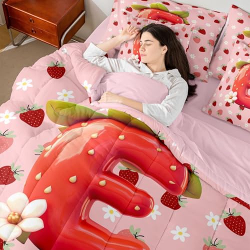 Image of Feelyou Girls Pink Red Strawberry Comforter Set with Sheets 7 Piece Full Size Initial Letter E Bedding Set for Kids Boys Girls Princess Strawberry Bed in a Bag Room Decor Soft Lightweight Microfiber