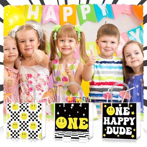 Image of Teenyyou 24 Pcs One Happy Dude Clear Gift Bags with Handles One Happy Dude Party Favor PVC Goodie Treat Candy Tote Plastic Gift Bags for 1st Birthday Party Decor