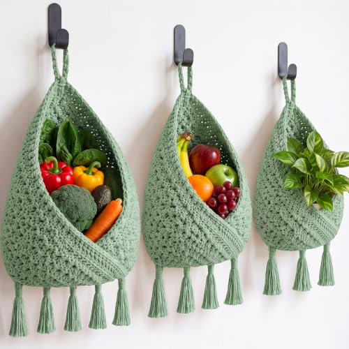 Image of Honeydak 3 Hanging Baskets, Sage Green, Triangular Tassel, Jute