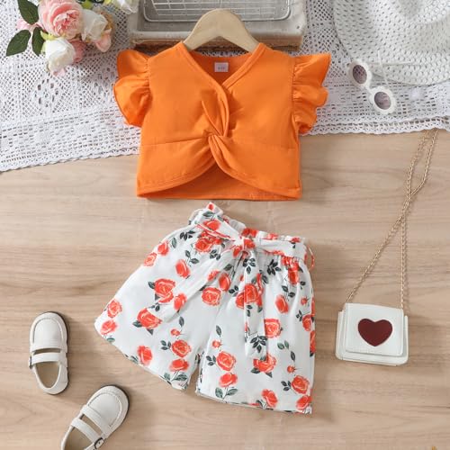 Image of Axumity Toddler Girl Clothes Outfits Tropical Print Short Sleeve Top + Floral Shorts 2PC Summer Clothing Set(7-8T)
