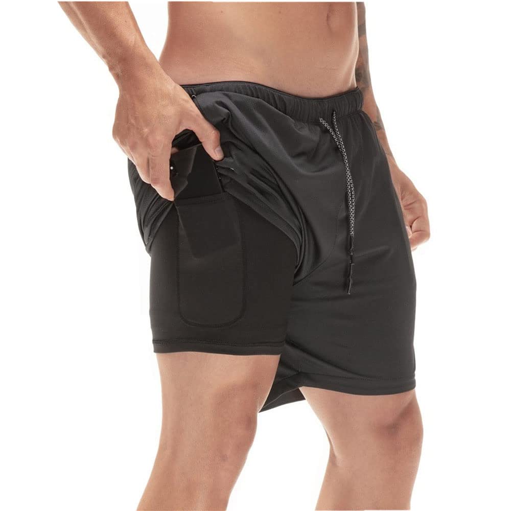 Surwin Men's Black Quick Dry Swim Trunks Swimming Shorts With Compression Liner 2 In 1, Summer Beach Pants Casual Running Gym Sports Pants Boardshorts With Pockets