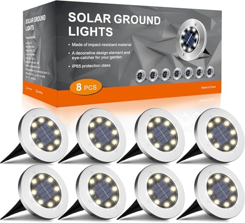 FLOWood Solar Bodenleuchten Aussen 8 Stück 8 LEDs Solarleuchten für Garten Außen Wasserdicht Edelstahl Solarlampen für Außen mit Kunststoff für Deck Gehweg Rasen Hof Warmweiß