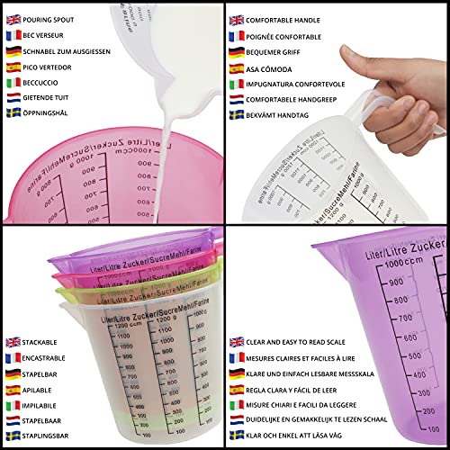 Kurtzy Helder Plastic Maatbeker (Set van 4) – 1 Liter / 1000 ml – BPA Vrij Stapelbare Kannen met Tuit, Grip Handvatten & Makkelijk te Lezen Maten – Keuken Maar Kan voor Voedsel, Koken & Bakken - Image 5