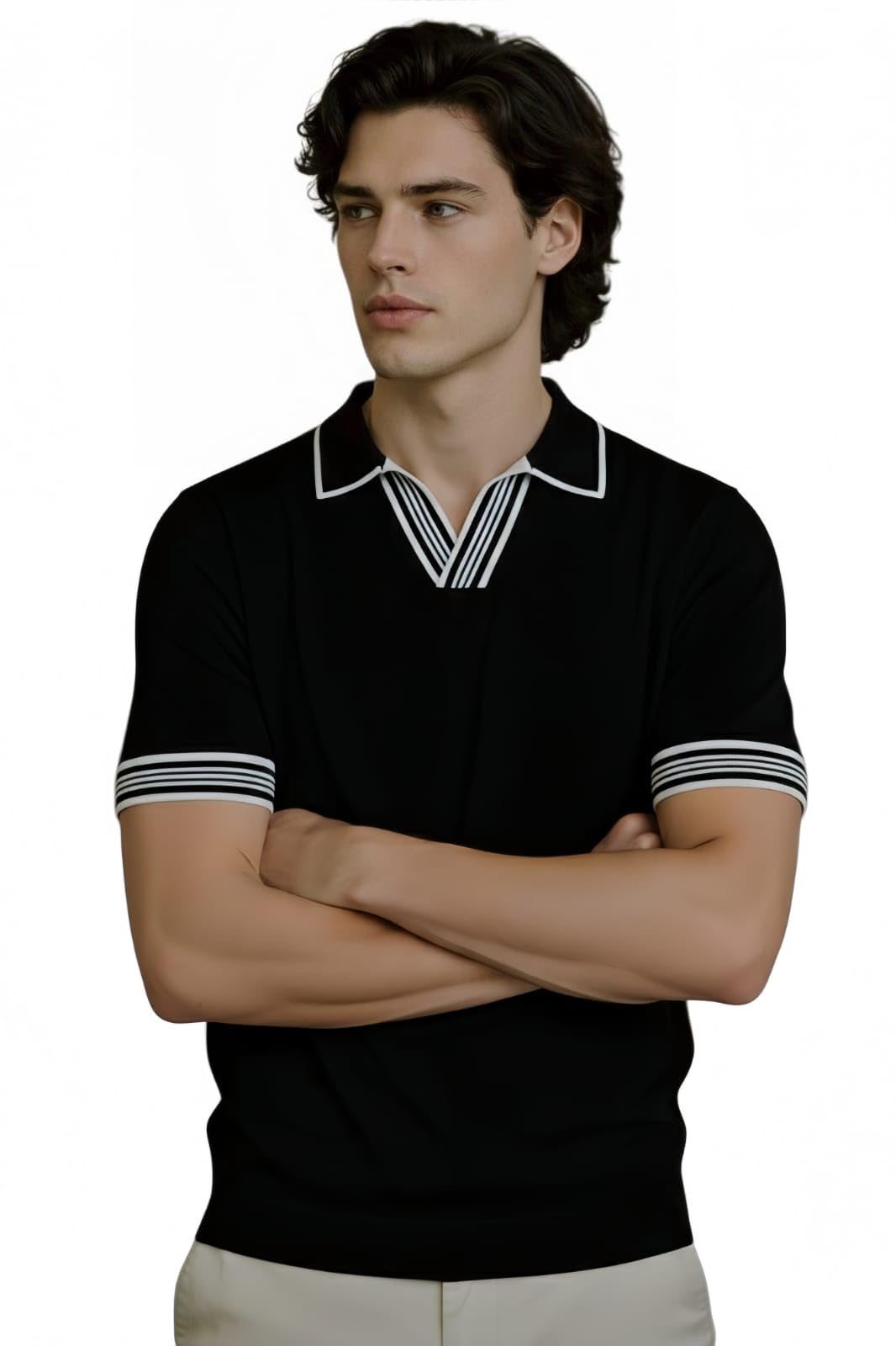 Black Polo T-Shirt with White Striped Collar and Sleeves, Cotton, Regular Fit, Short Sleeve, Western Style-picture-48
