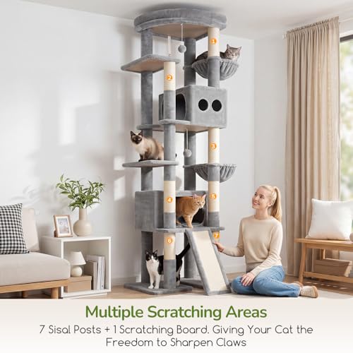 Image of Globlazer Extra Tall Large Cat Tree, 84in Multi-Level Cat Climbing Tower for Indoor Cat Large Adult, Widened Condo with Scratch Board, 7 Scratching Posts, Padded Perch, Metal Basket, S84E, Light Grey