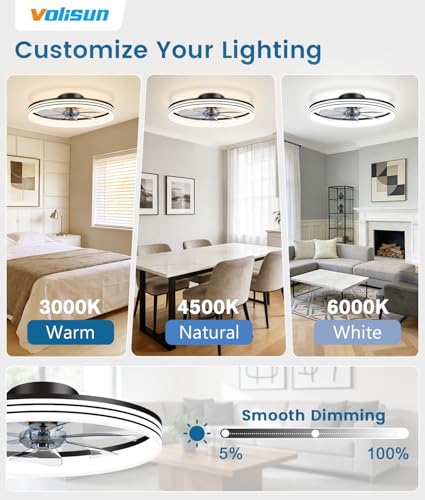 VOLISUN Low Profile Ceiling Fans with Lights and Remote, No Assembly, 20in Flush Mount Ceiling Fan with Light, 3000K-6500K Dimmable Fandelier LED Fan Light, White Bladeless Ceiling Fans for Bedroom - image 2