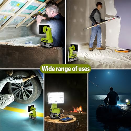 Image of 28W 2000LM Cordless LED Work Light for Ryobi One 18V Battery Portable Flood Lights for Outdoor Indoor Workshop Job Site, Floodlight & Spotlight Modes /Pivoting Head /USB Port(No Battery)
