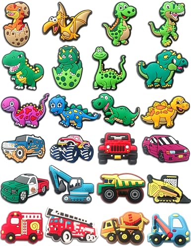 Car & Dinosaur Shoe Charms for Boys 24 PCS Dino & Truck Shoe Decoration Pins for Clog Cute Shoe Accessories for Kids Party Favor Gifts
