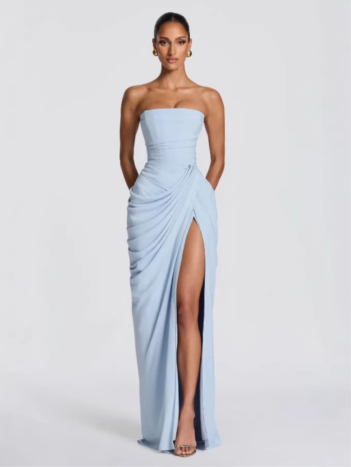 Vestito Donna Elegante Abito Piegato Senza Spalline - Fuori Spalla, Vita Alta Schienale con Split Laterale per La Sera, Festa Ed Eventi Formali-White-s-China Mainland