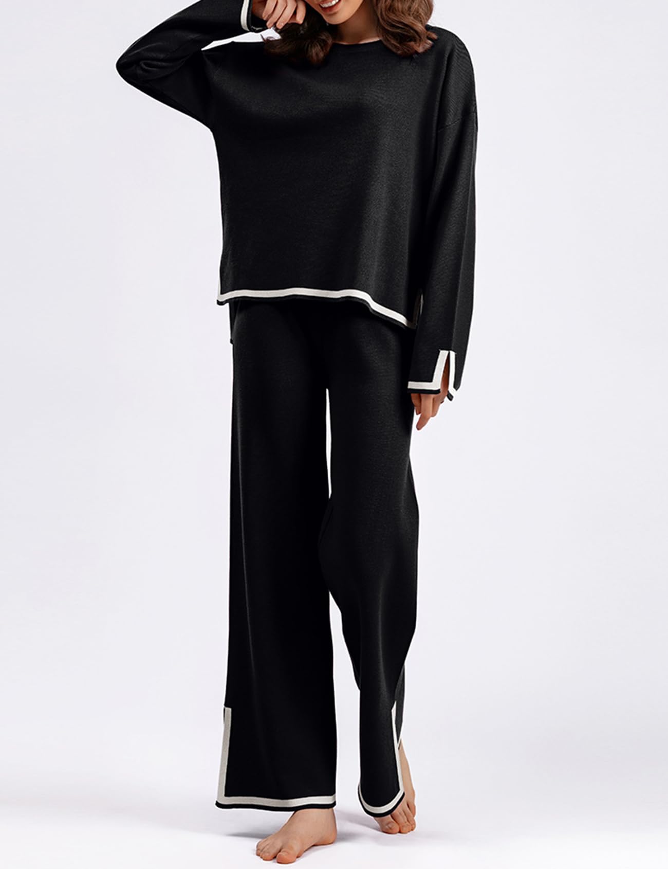 Rxozrxoz Damen-Pullover-Set, langärmelig, Strickpullover, Oberteile, weites Bein, Hose, 2-teiliges Outfit, Lounge-Sets
