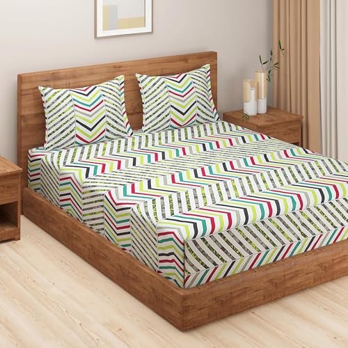 Image of Swayam Roto Cotton King Bedsheet with 2 Pillow Covers | Size 108 x 108 inch | 144 TC | Geometric Design | Soft Breathable Bed Sheet | Comfortable & Durable for Bedroom - Green