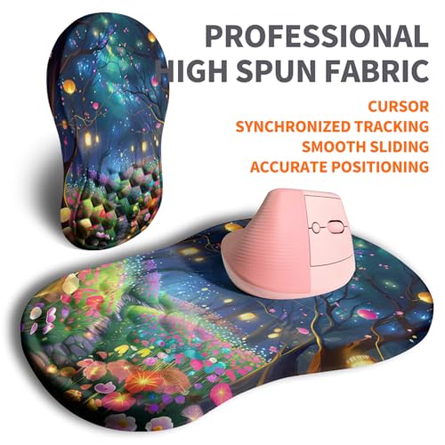 Image of Ergonomic Joint Wrist Support Mouse Pad with Memory Foam Cushion Massage Bump, Carpal Tunnel Pain Relief Mousepad Slope Design for Wrist Rest, 11.8x7.9 in, Fantasy Forest