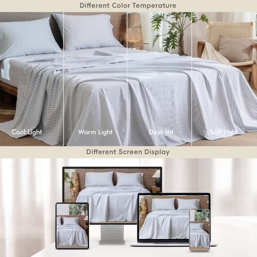 Image of MooMee Striped Sheet Set 100% Washed Cotton Linen Like King | Relaxed Linen-like Texture. Soft, Breathable & Lightweight Comfort. 15-19 inch Extra Deep Pocket with All-around Elastic