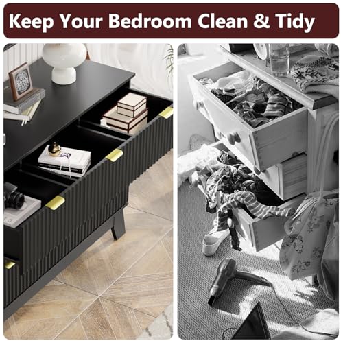 Image of Black Dresser 7 Drawer Dresser for Bedroom, 47''W Fluted Wooden Dresser Storage Cabinet and Chest of Drawers with Metal Handle, Storage Organizer for Living Room, Hallway, Entryway