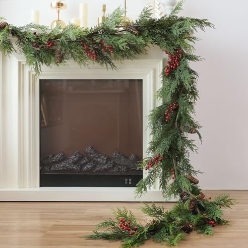 MIZII Christmas Garlands 10FT Artificial Pine Garland with Pinecone Berries Greenery Garland Christmas Decorations for Xmas Fireplace Mantle Home Decor Indoor Outdoor (Garland-10FT)