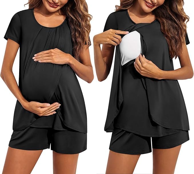 ELESOL Women's Maternity Nursing Pajamas Set Breastfeeding Sleepwear Double Layer Short Sleeve Top & Shorts Nursing Pjs