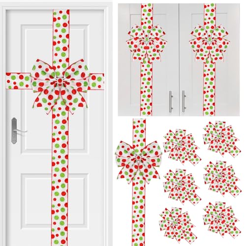 Gosodeny 7 Pcs Christmas Cabinet Door Bows Ribbon Bows Large Red Green Dots Bows Ribbons Front Door Cabinet Door Bows Christmas Christmas Tree Home Party Holiday Decorations (Bright Colors)