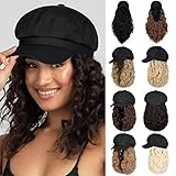 Lansigreen Newsboy Cap with Hair Extensions Short Curly Wavy Bob Hairstyle Wig Hat Beret 8 Panel Attached 14' Synthetic Hairpiece for Women Natural Black