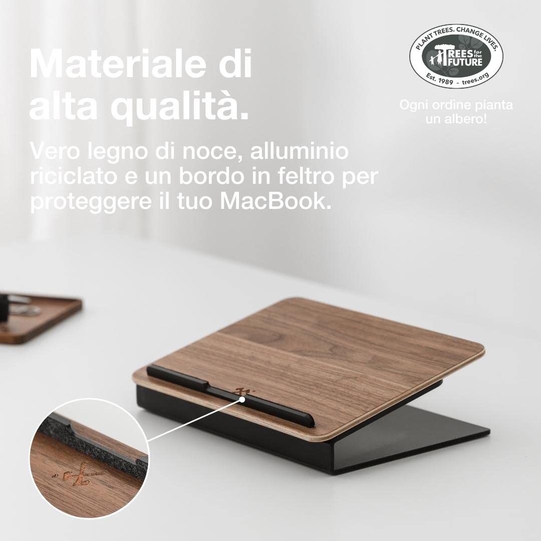 Woodcessories - Supporto pc portatile legno, Compatibile con 10''-16'', Supporto laptop, universale ed ergonomico in legno (Noce)