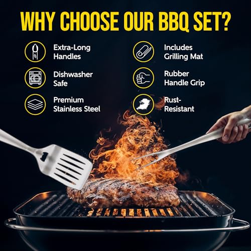 Image of Kaluns BBQ Grilling Accessories, Grilling Gifts for Men Dad, Grill Tools for Outdoor Grill, Heavy Duty Stainless Steel Grill Set with Spatula, Tongs, Fork, Brush, & Grilling Mat, Best BBQ Gifts