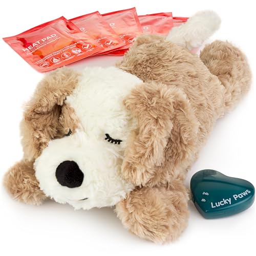 Lucky Paws UK heartbeat toy for puppy - puppy heartbeat comforter for separation anxiety - calming dog toys - heart beat teddy for dogs - dog anxiety toy (Fudge Brown/White)
