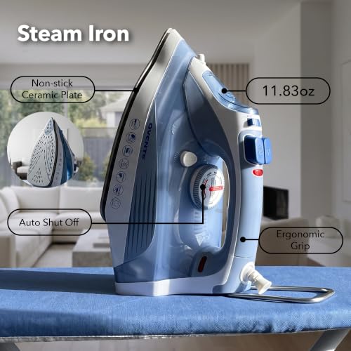 Image of OVENTE Steam Iron, 1200W, Non-Stick Soleplate, 350mL, Blue IRNL77BL | With Water Spray Function, Precise Thermostat Dial, Auto Shutoff, Self-Cleaning, Anti-Drip, Ideal for Ironing Fabrics