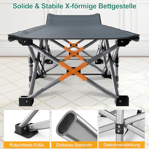 Obqer Klappbares Campingbett mit Matratze und Seitentaschen, 200KG Belastbarkeit Klappbett Gästebett, Stahlrahmen und Oxford Tuch Feldbett Klappbar, 190 x 71 x 36 cm, Geeignet für Garten Büro Camping