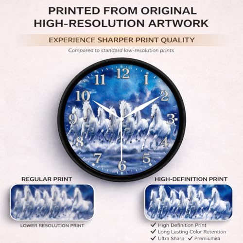 Image of AmeraKart- 7 Running White Horses Analog Wall Clock 10 Inch - Vastu Inspired Positive Energy Horse Wall Decor I Free Adhesive Hook | No Drill Installation I Living Room, Office Cabin & Home (Blue)