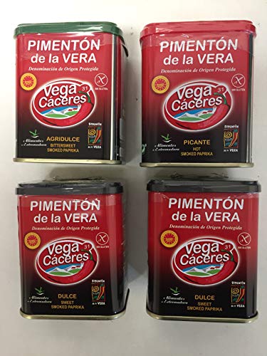 Pimentón ahumado de la Vera con tres sabores. Pack de 4 latas de pimentón de la Vera Ahumado, Agridulce, dulce y picante