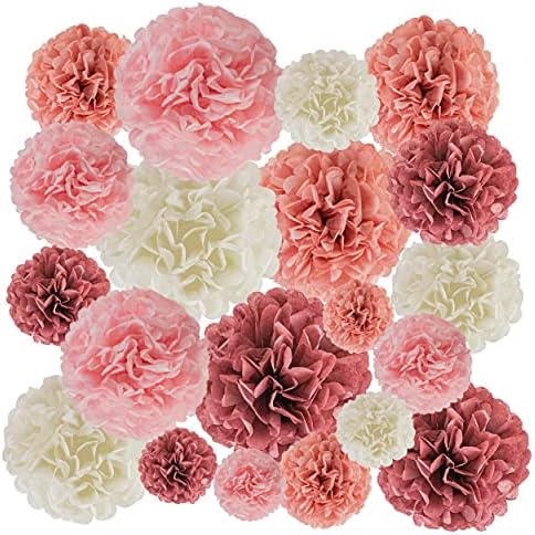 EpiqueOne 20-Piece Tissue Paper Pom Poms Party Kit - Add a Splash of Blush Pink, Dusty Rose, Mauve & Cream to Your Celebrations! Perfect for Birthday, Bridal Shower, Baby Shower, Wedding & Graduation
