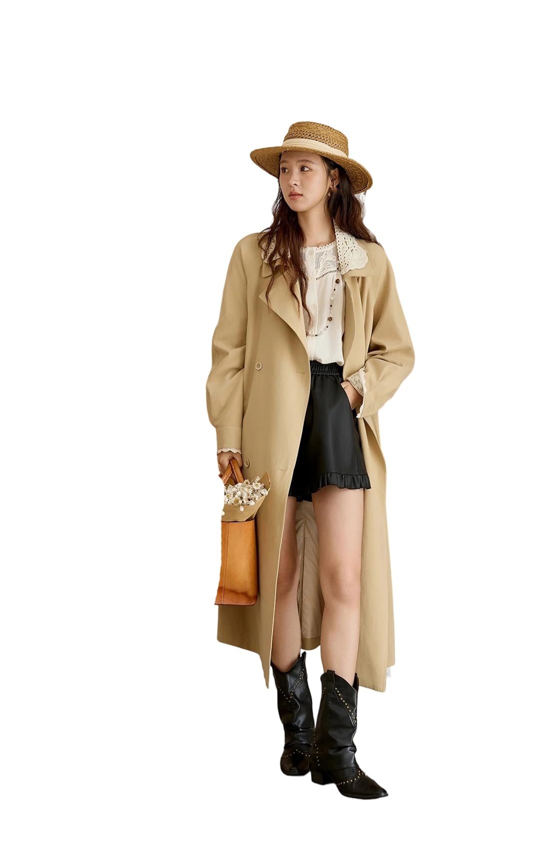 ERFMFKL Womens Single Breasted Solid Color Trench Lace Detail Long Sleeve Belted Fall Casual Long Coat