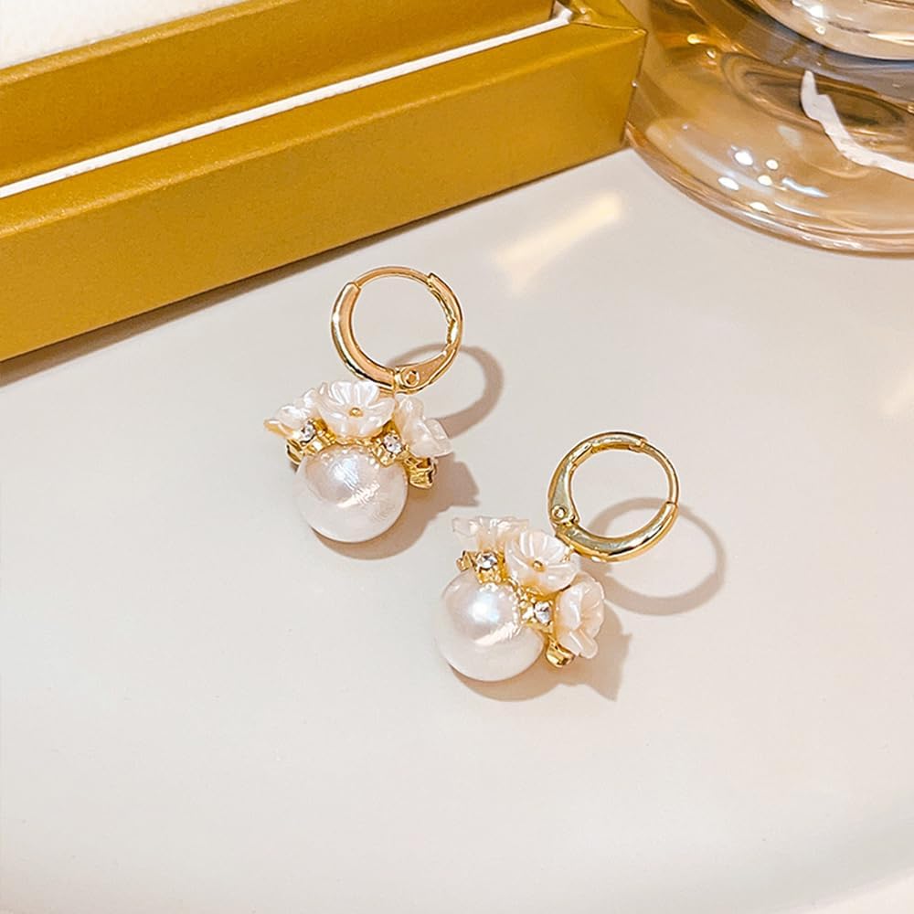 Small Flower Pearl Hoop Earrings for Women CZ Daisy Flower Bead Hoop Dangle Earrings Dainty Floral Ball Huggie Cartilage Earrings Jewelry Accessories - Image 6