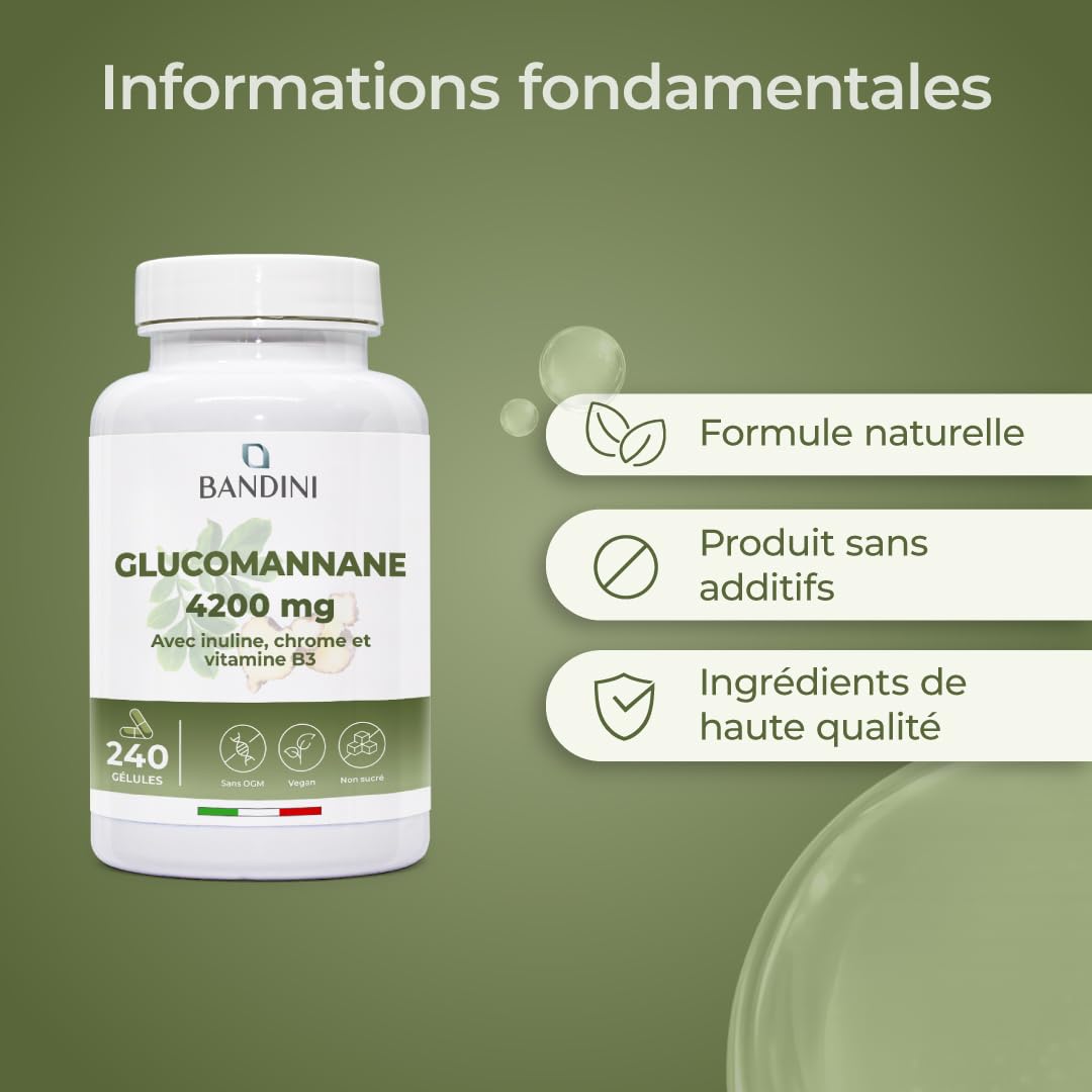 Bandini® Glucomannane Konjac Extra Fort - 240 Gélules 4200mg par jour - Glucomannan enrichi en Chrome, Inuline et Vitamine B3 - Fibre végétale de la racine de konjac - Supplément puissant et efficace