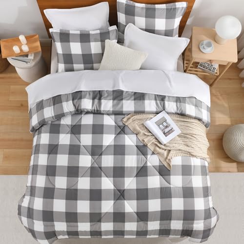 Image of Andency Plaid Comforter Full(79x90Inch), Gray White Checkered Gingham Buffalo Bed Set for Boys Teens, Lightweight Bedding, 3 Pieces(1 Comforter & 2 Pillowcases)