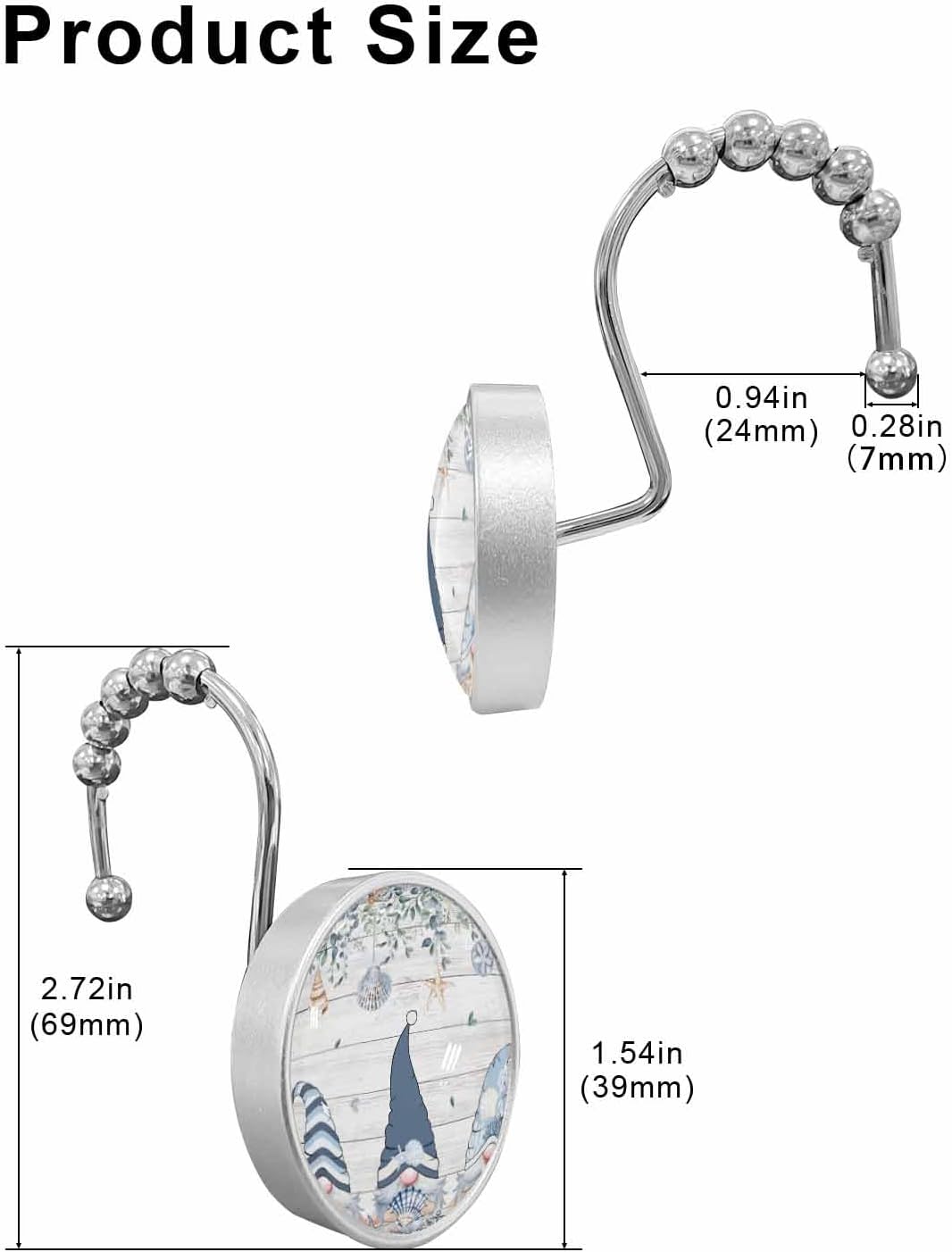 Summer 12PCS Shower Curtain Hooks Rings, Ocean Blue Gnome Starfish Wood Grain Decorative Shower Curtain Hooks for Bathroom Stainless Steel Rustproof Shower Curtain Rings