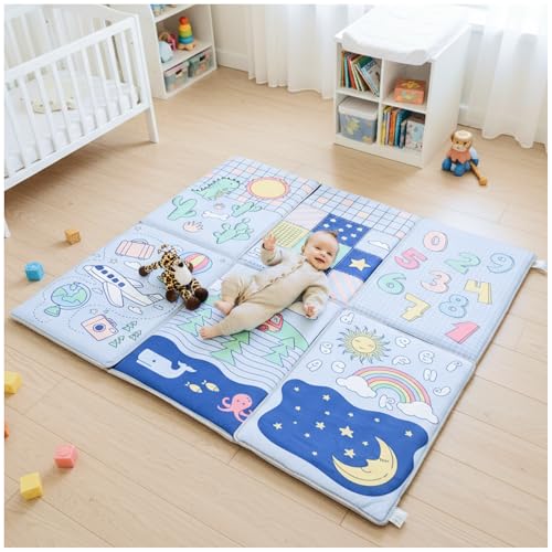 Todale Foldable Baby Play Mat - 50x50 Large Padded Floor Mat for Infants & Toddlers - Non-Slip Educational Activity Mat with Numbers & Animals - Portable Tummy Time Mat for Playpens & Travel