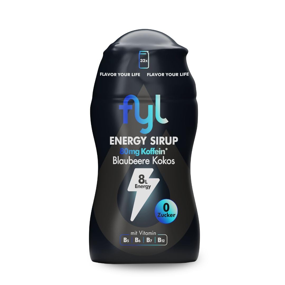 fyl Energy Sirup Zuckerfrei Blaubeere Kokos 65ml – bis zu 8l Energy Drink, Zero Zucker, mit Koffein & Vitamin B Komplex, kalorienarm, ohne Taurin, Getränkekonzentrat