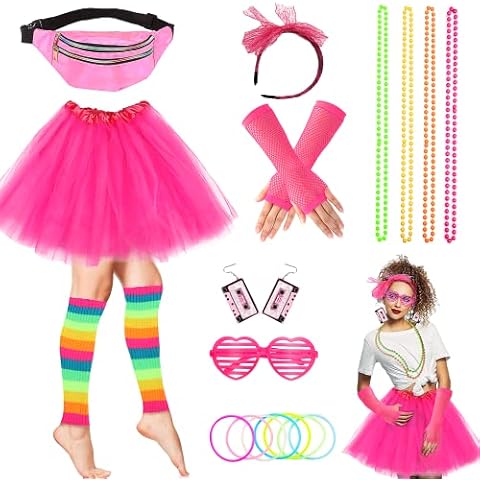 HuiJuKeJi 80s Costume Accessories Set for Women, 80s Fancy Dress Neon Headband Earrings Fishnet Gloves Bracelets Bags Necklace Headband Accessories for 80s Retro Party Cover