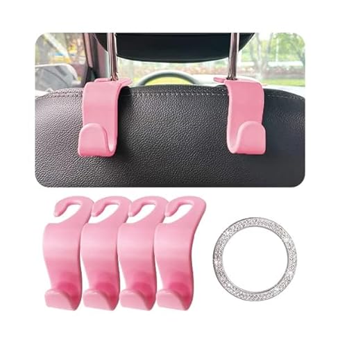 4Pcs Car Seat Headrest Hook, Space Saving Hanger Storage Organizer, Durable Backseat Headrest Holder, Universal Auto Interior Accessories With Push Start Button Cover (Pink)