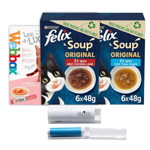 Happy Feeling Gifts Cat Food Pouches Variety Pack - Created With 36 Felix Soup Cat Food Pouches for Adult Cats Fish & Farm Selection & 5 Webbox Lick-e-lix Treats - Plus a Lint Roller