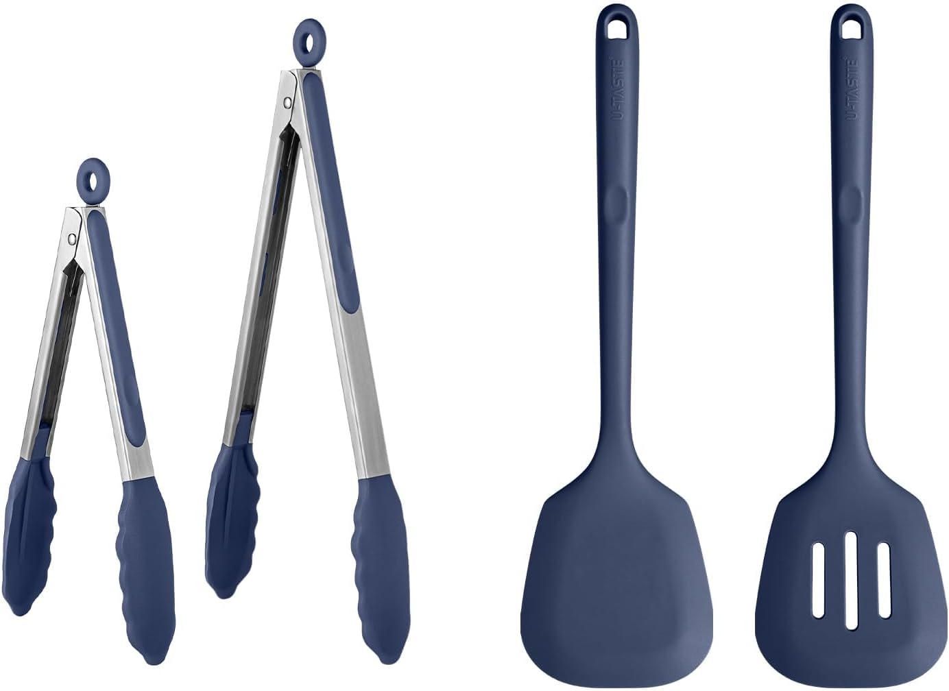 U-Taste 600℉ Heat Resistant BPA Free Non Stick Firm Cooking Tongs (Set of 2), and 600℉ Heat Proof Long & Wide Silicone Solid & Slotted Turner for Egg, Pancake (Set of 2), Midnight Blue