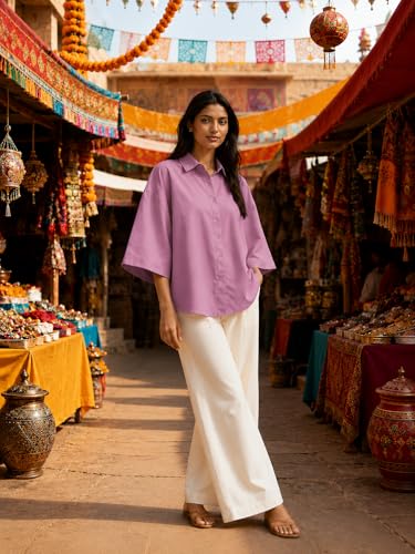 Image of Shirt for Women | Casual Button Down Long Sleeve Blouse | Oversized Striped Loose Fit Cotton Top with Pocket | Trendy Collar Aesthetics & Streetwear Tunics(34-S-1-5)
