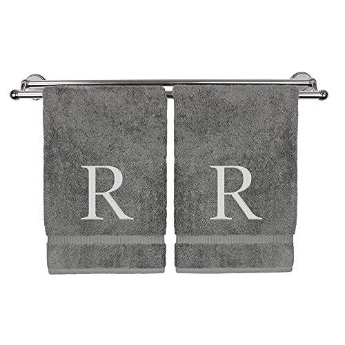 Monogrammed Hand Towel, Personalized Gift, Set of 2- Silver Block Letter Embroidered Towel - Extra Absorbent 100% Turkish Cotton - Soft Terry Finish - Initial R Gray